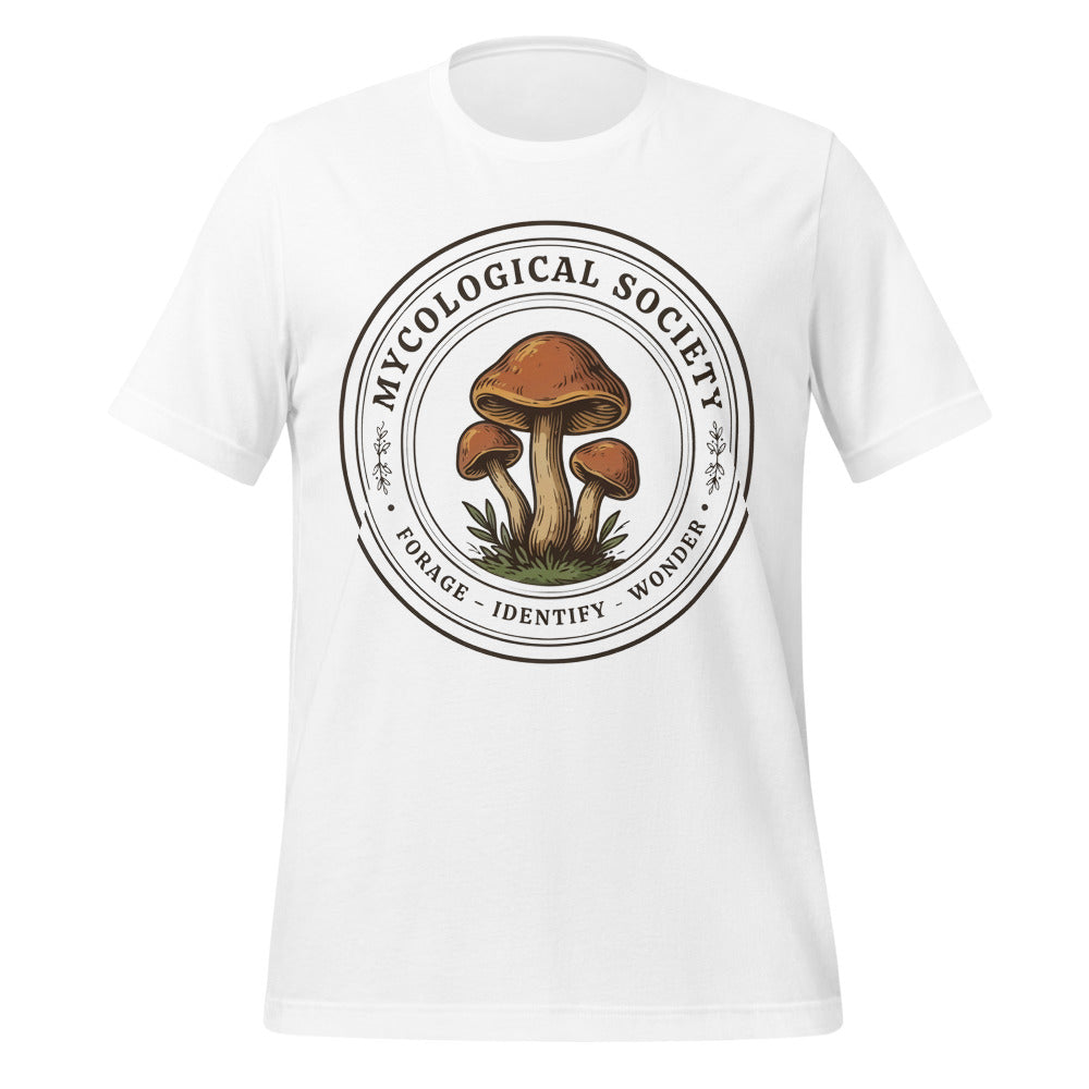 Mushroom Foraging Mycological Society vintage botanical tee — White, front