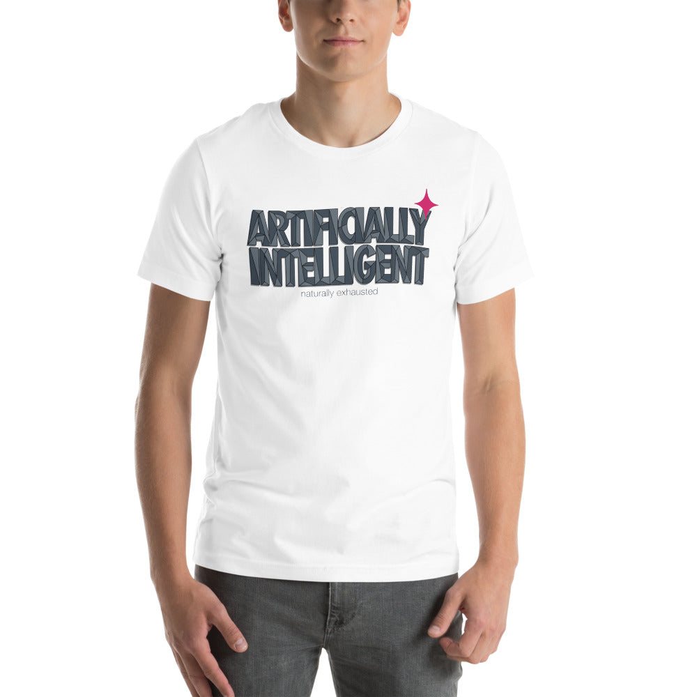 Artificially Intelligent funny AI t-shirt — White, on model