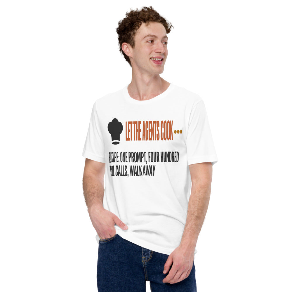 Let The Agents Cook tee — White, on model