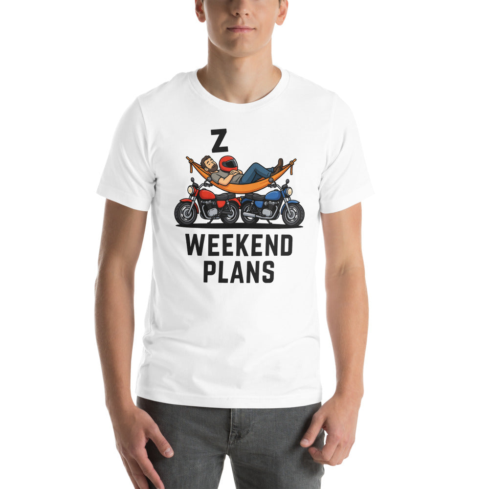 Weekend Plans funny motorcycle dad tee — White, on model