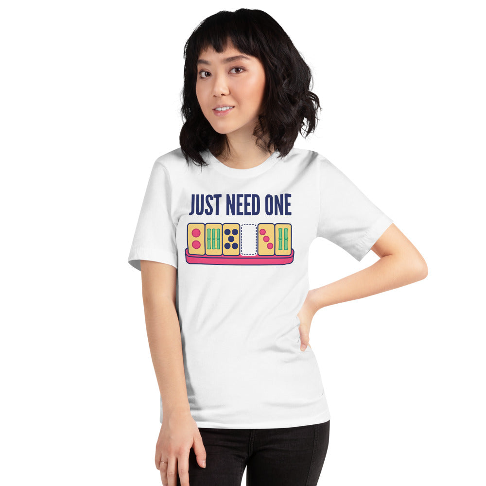Just Need One funny mahjong tee — White, on model