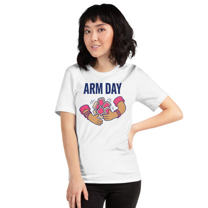 Arm Day funny mahjong tee — White, on model