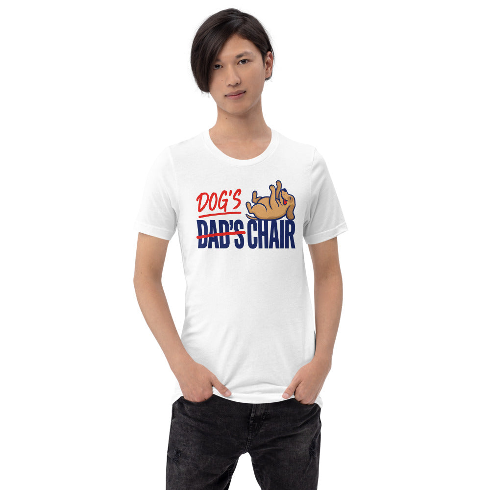 Dog's Chair funny dog dad tee — White, on model
