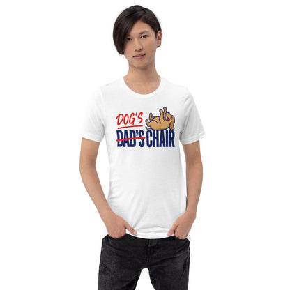 Dog's Chair funny dog dad tee — White, on model