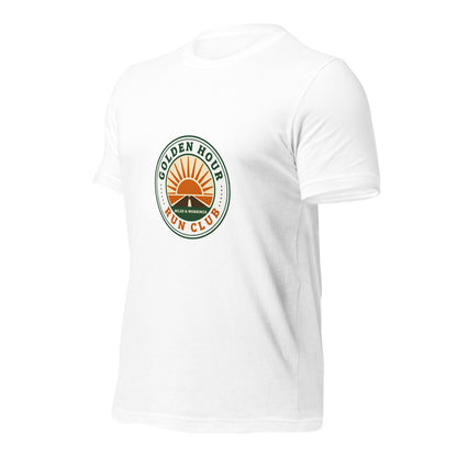 Golden Hour Run Club retro running tee — White, front-right