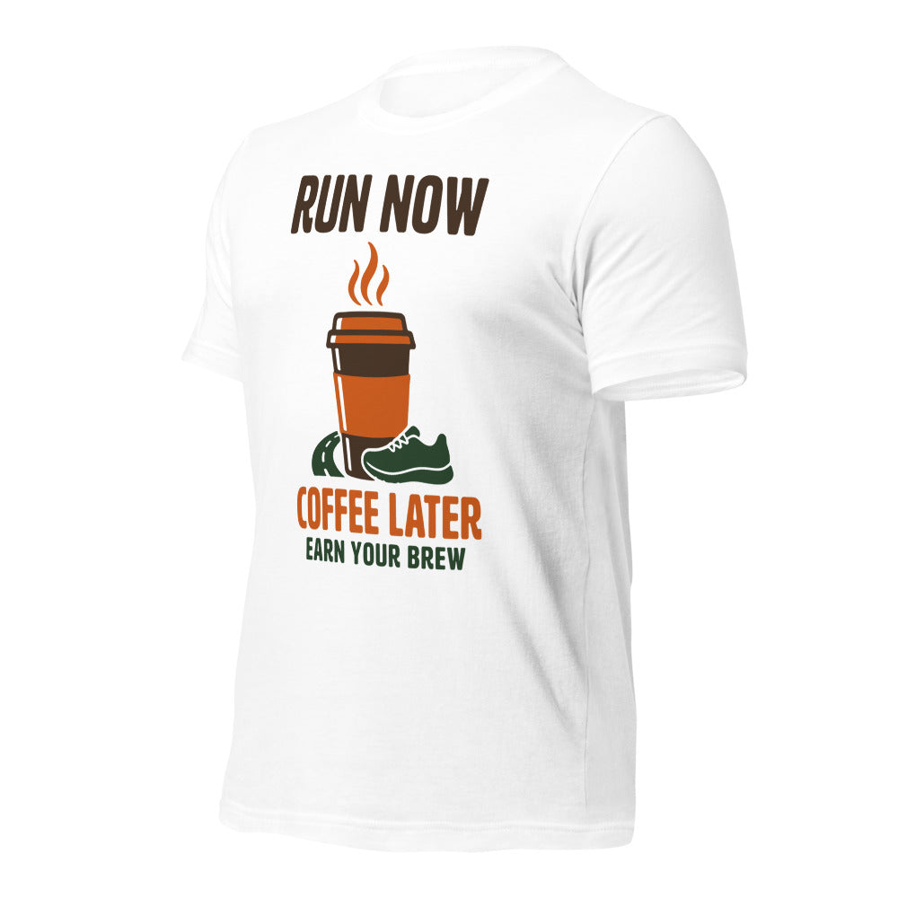 Run Now Coffee Later funny running tee — White, front-right