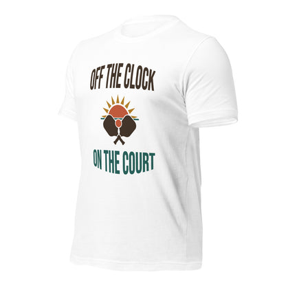 Off The Clock On The Court retro pickleball tee — White, side