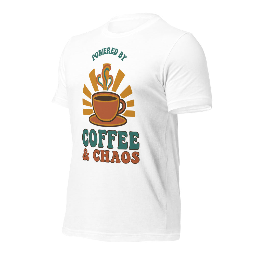 Powered By Coffee And Chaos retro groovy teacher tee — White, front right angle