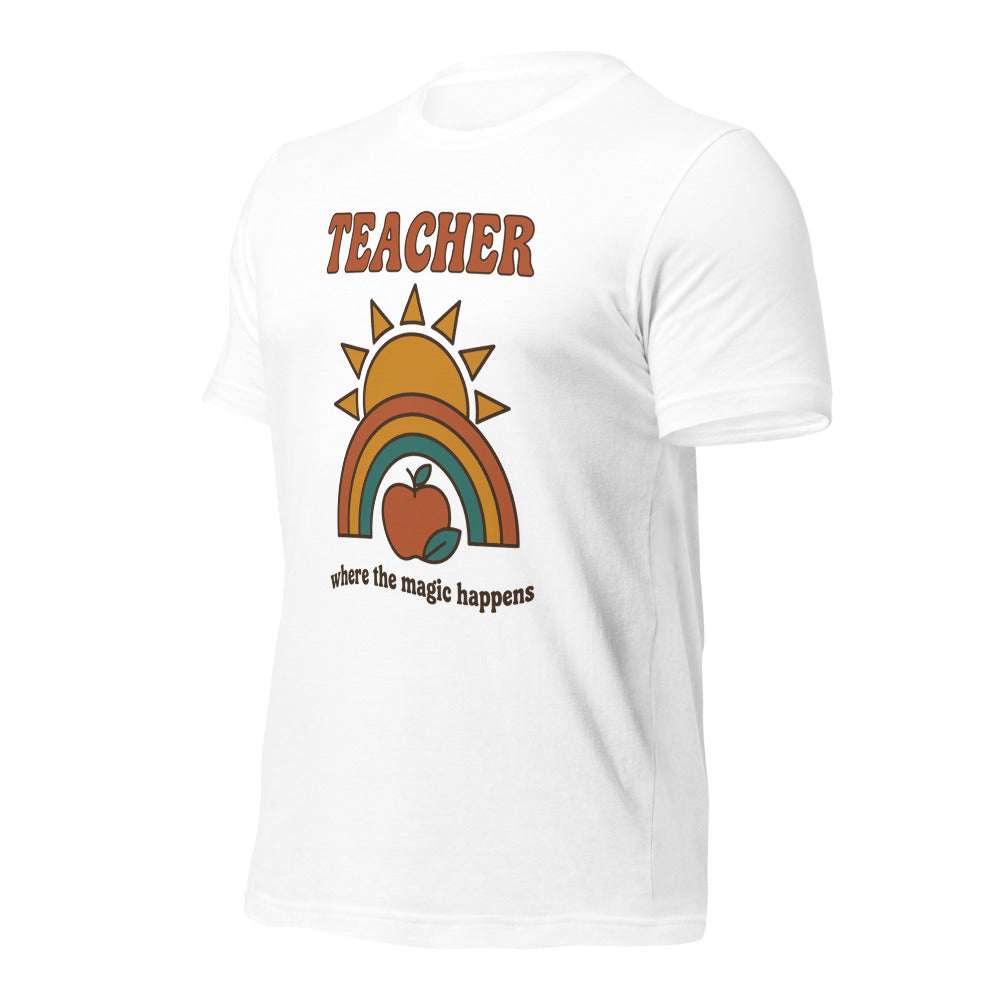 Teacher Where The Magic Happens retro groovy teacher tee — White, front angle