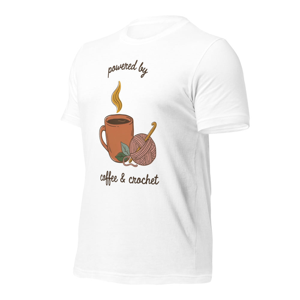 Powered by Coffee and Crochet cottagecore crochet tee — White, front right