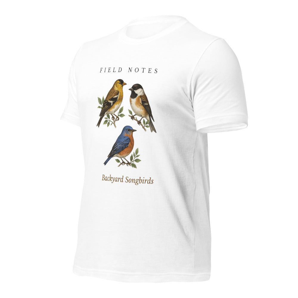 Backyard Songbirds vintage field-guide tee — White, front-right