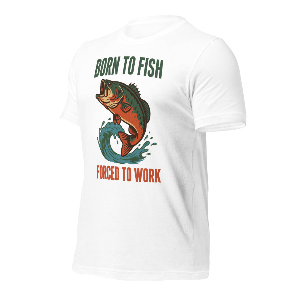 Born to Fish Forced to Work retro fishing humor tee — White, front-right