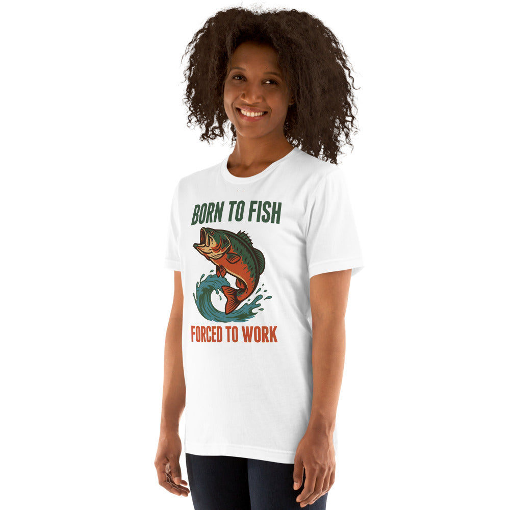 Born to Fish Forced to Work retro fishing humor tee — White, on model