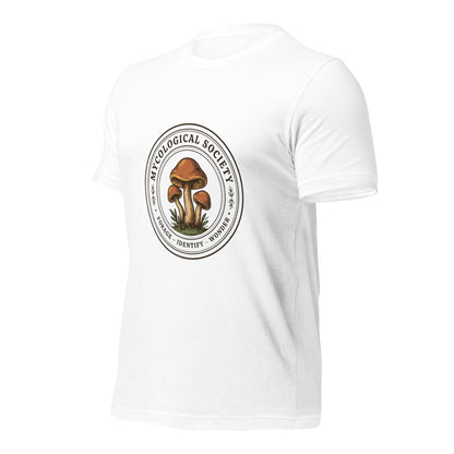 Mushroom Foraging Mycological Society vintage botanical tee — White, front-right