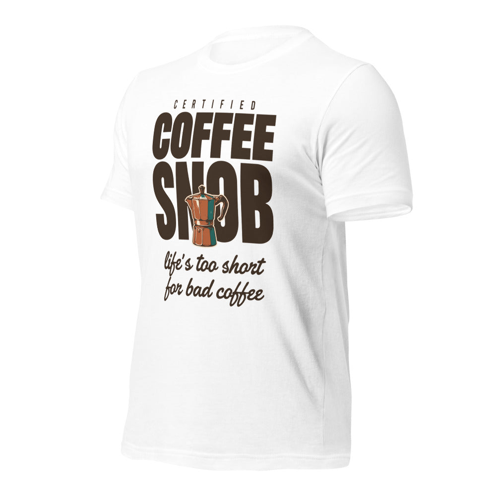 Certified Coffee Snob coffee tee — White, front-right