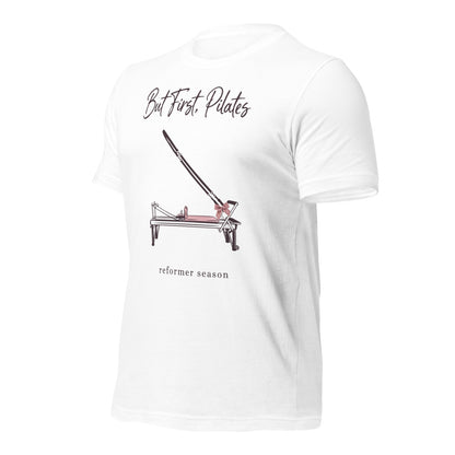 But First Pilates reformer line-art tee — White, front-right