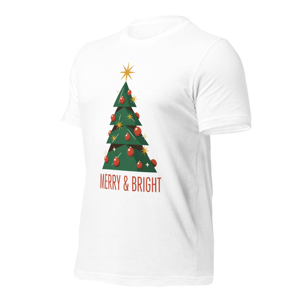Atomic mid-century retro Christmas tree tee — White, front-right