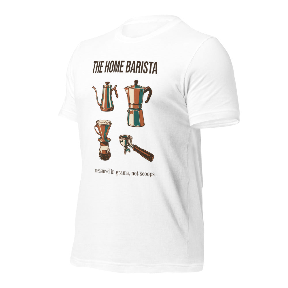 The Home Barista specialty coffee tee — White, front-right