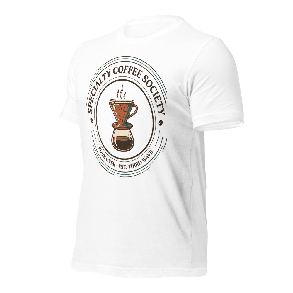Specialty Coffee Society specialty coffee tee — White, front-right