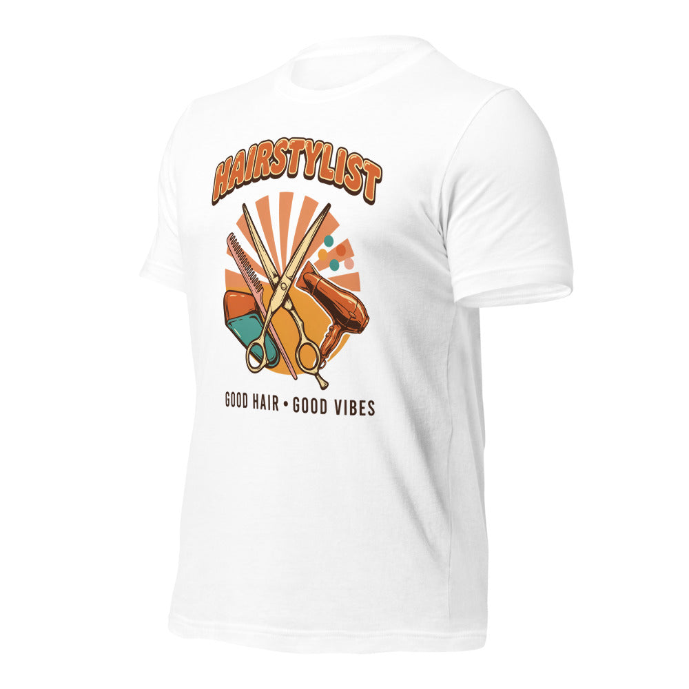 Retro Salon Hairstylist good hair good vibes tee — White, front-right