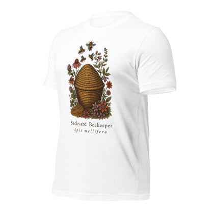 Backyard Beekeeper field-guide bee tee — White, front-right