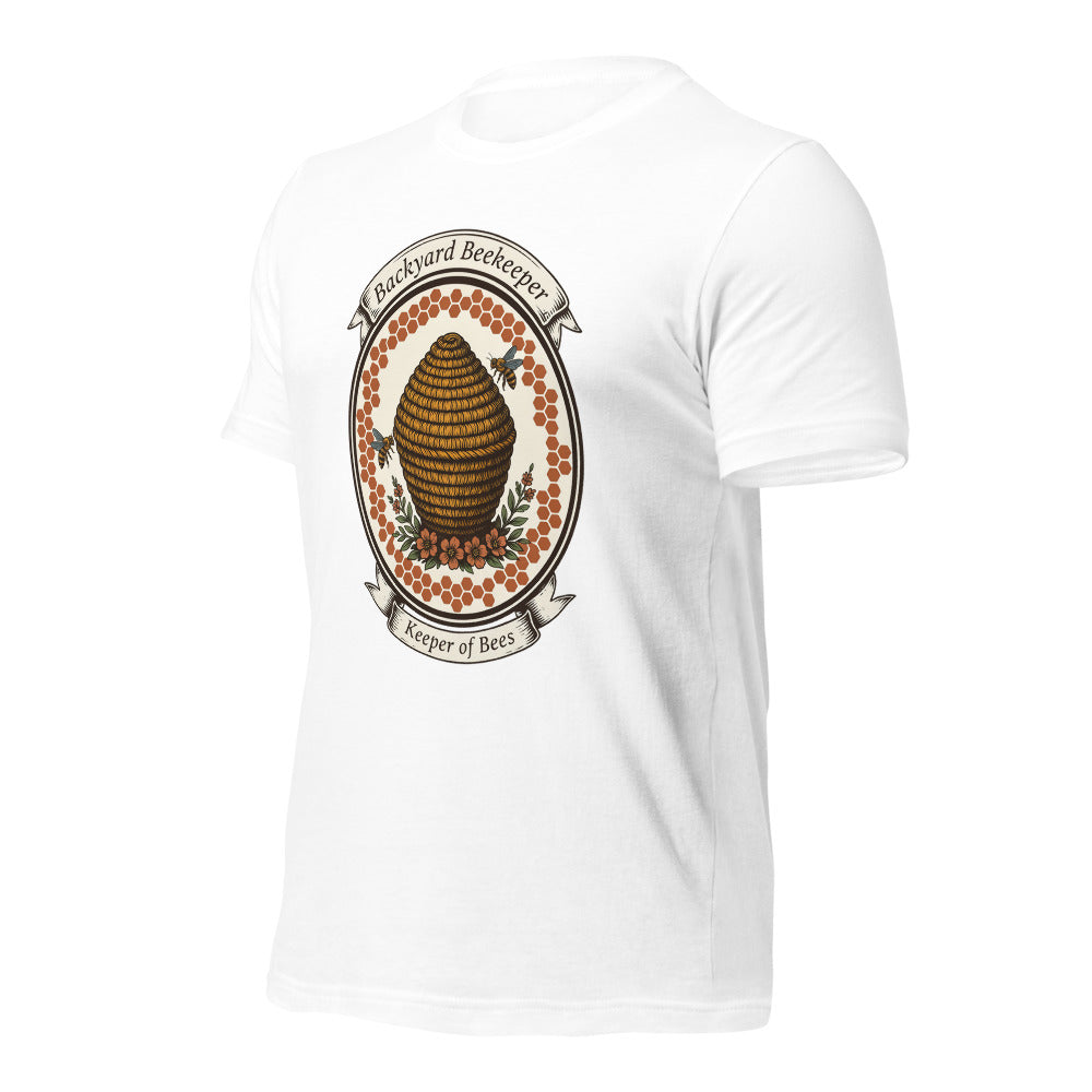 Backyard Beekeeper Keeper of Bees vintage apiary crest tee — White, front-right