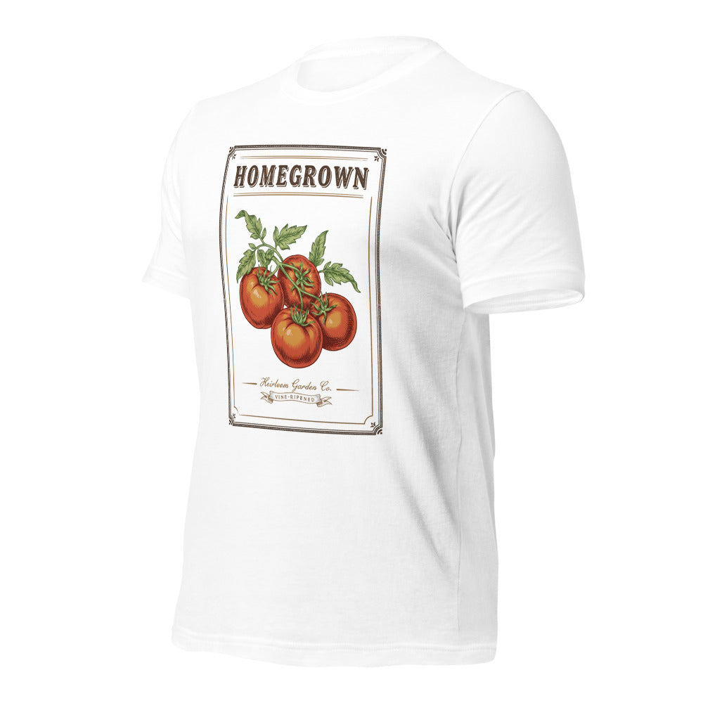Homegrown Heirloom Seed Packet gardening tee — White, front-right
