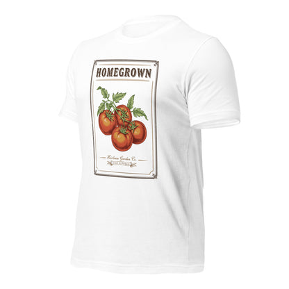 Homegrown Heirloom Seed Packet gardening tee — White, front-right