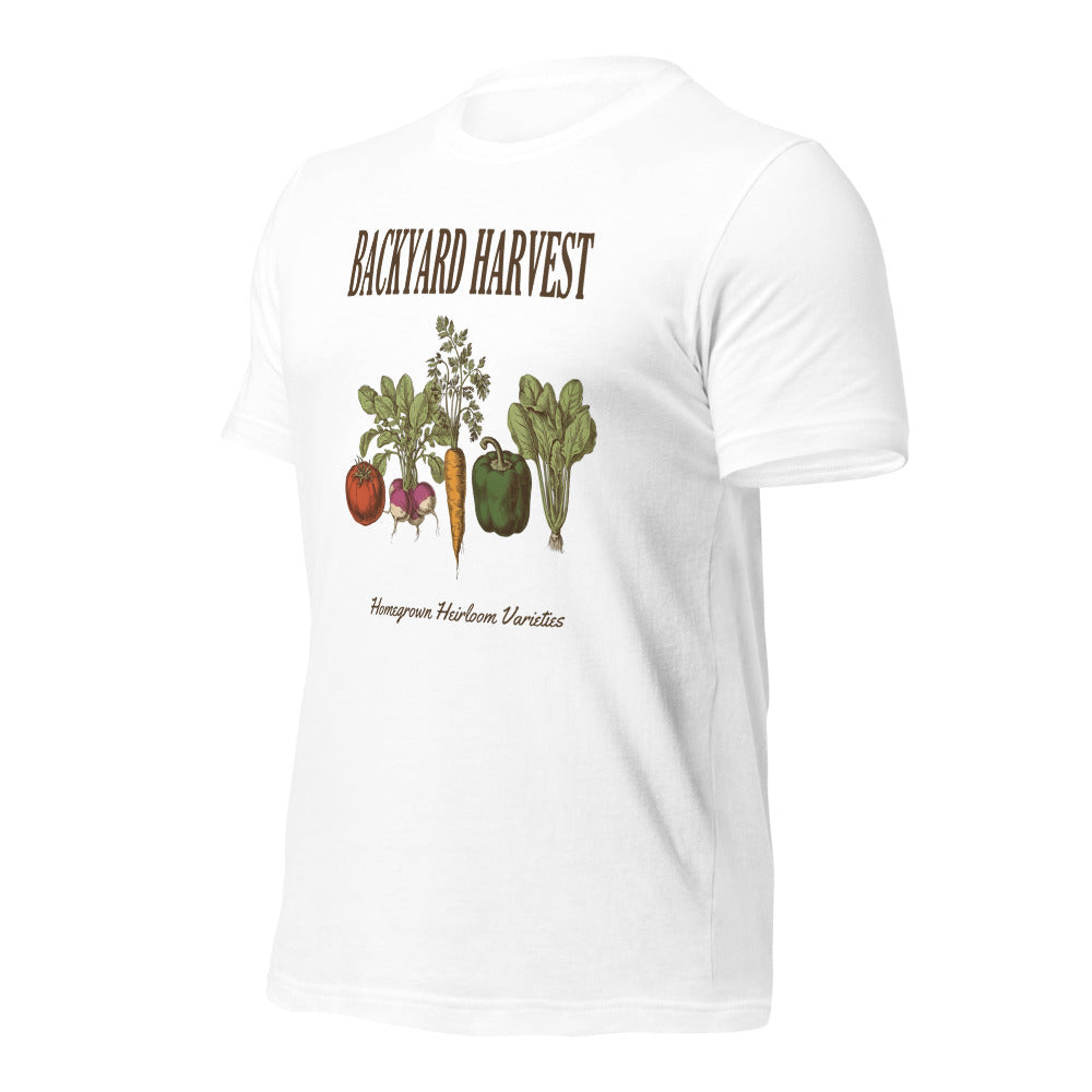 Backyard Harvest heirloom vegetable gardening tee — White, front-right