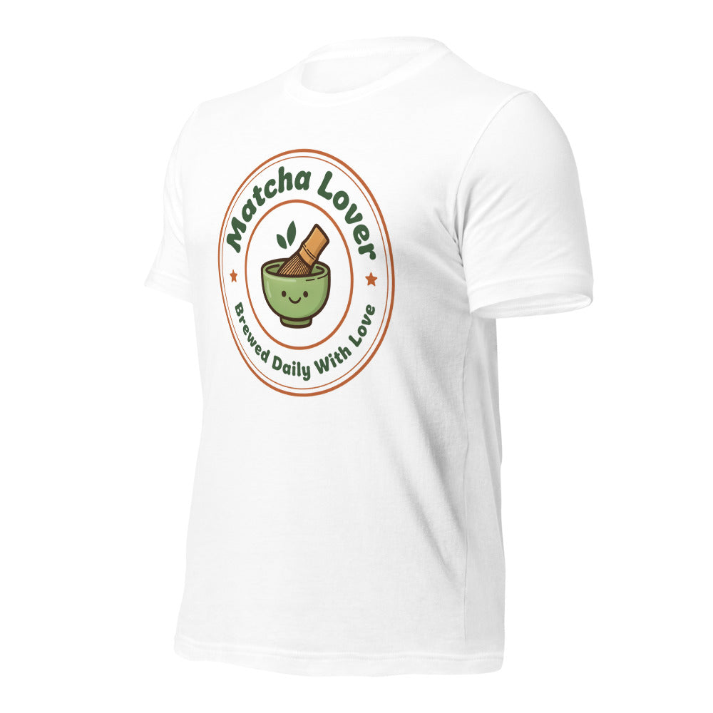 Matcha Lover retro café badge tee — White, front-right