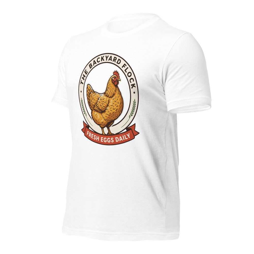 Backyard Flock heritage chicken keeper tee — White, front-right
