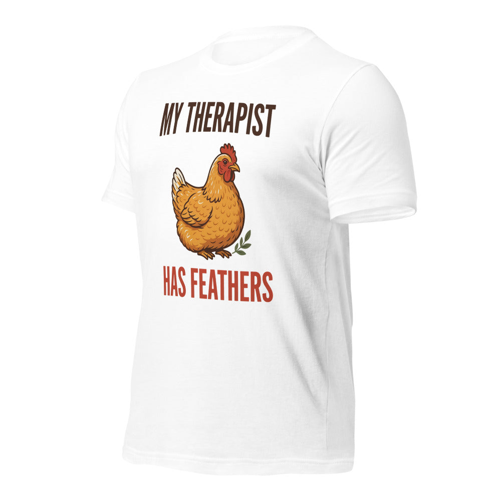 My Therapist Has Feathers funny chicken keeper tee — White, front-right
