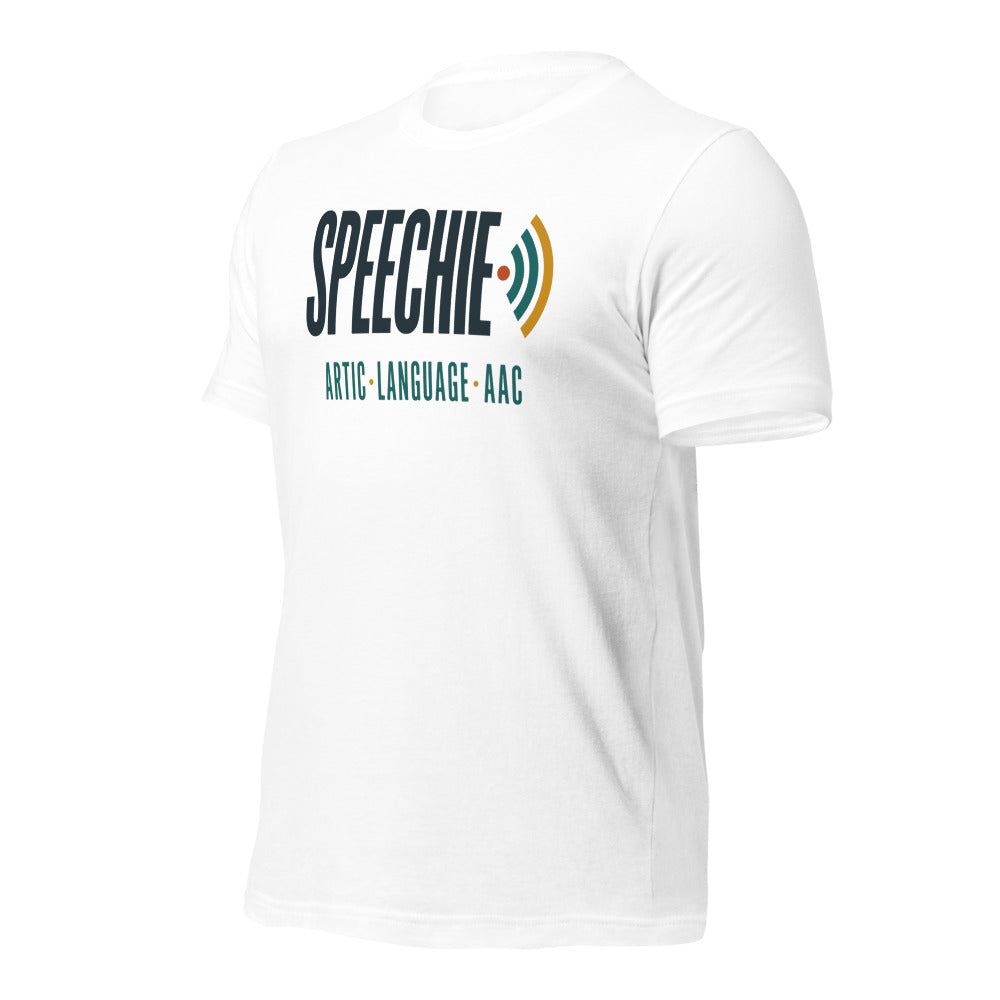 Speechie Wordmark speech therapy tee — White, front-right