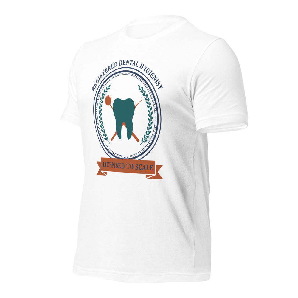 Licensed to Scale registered dental hygienist tee — White, front-right