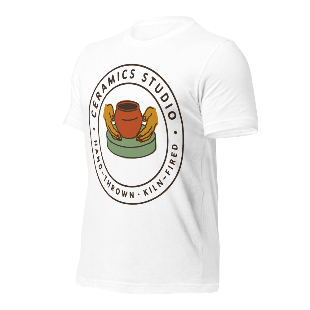 Ceramics Studio Badge hand-thrown pottery t-shirt — White, front-right