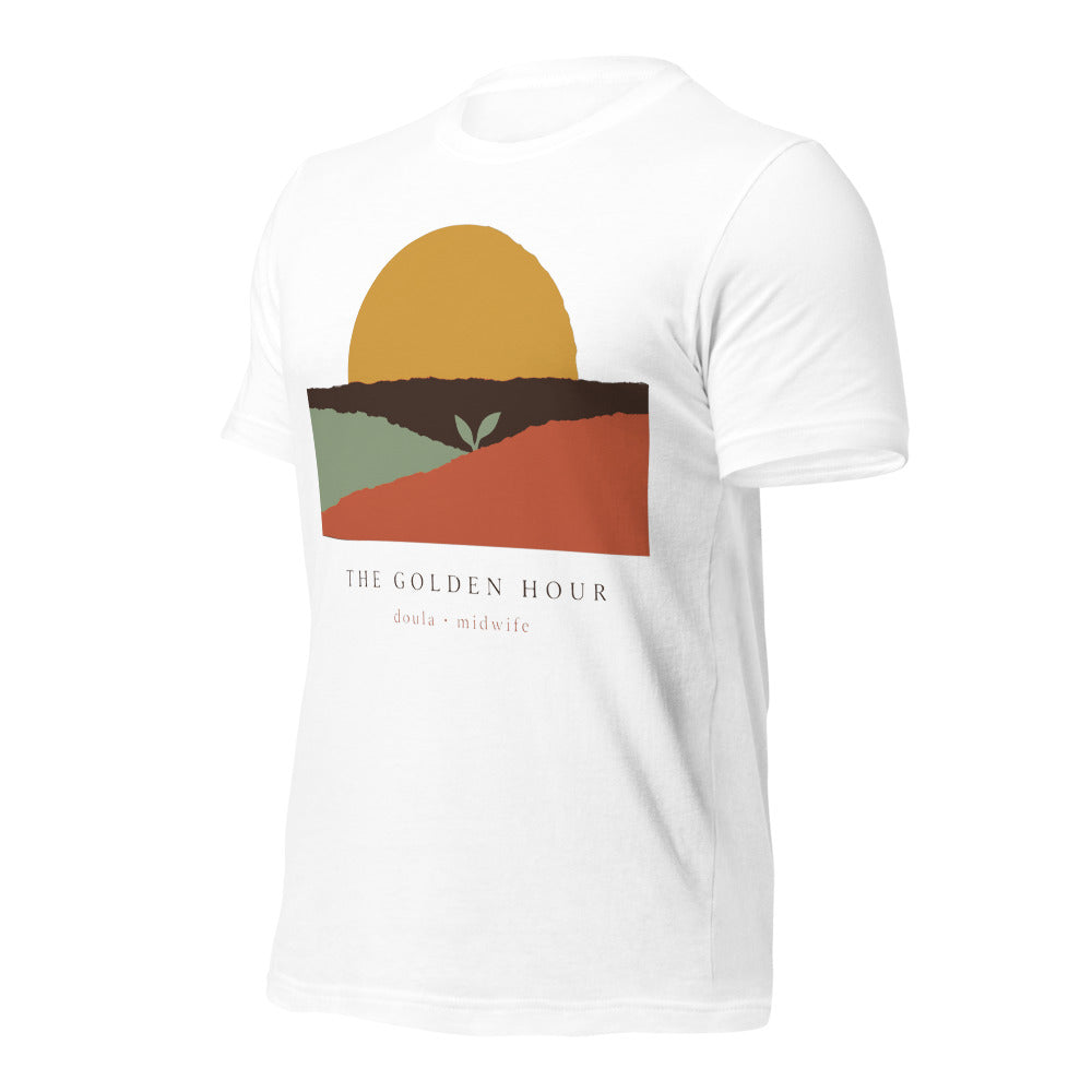 The Golden Hour birth worker doula t-shirt — White, front-right