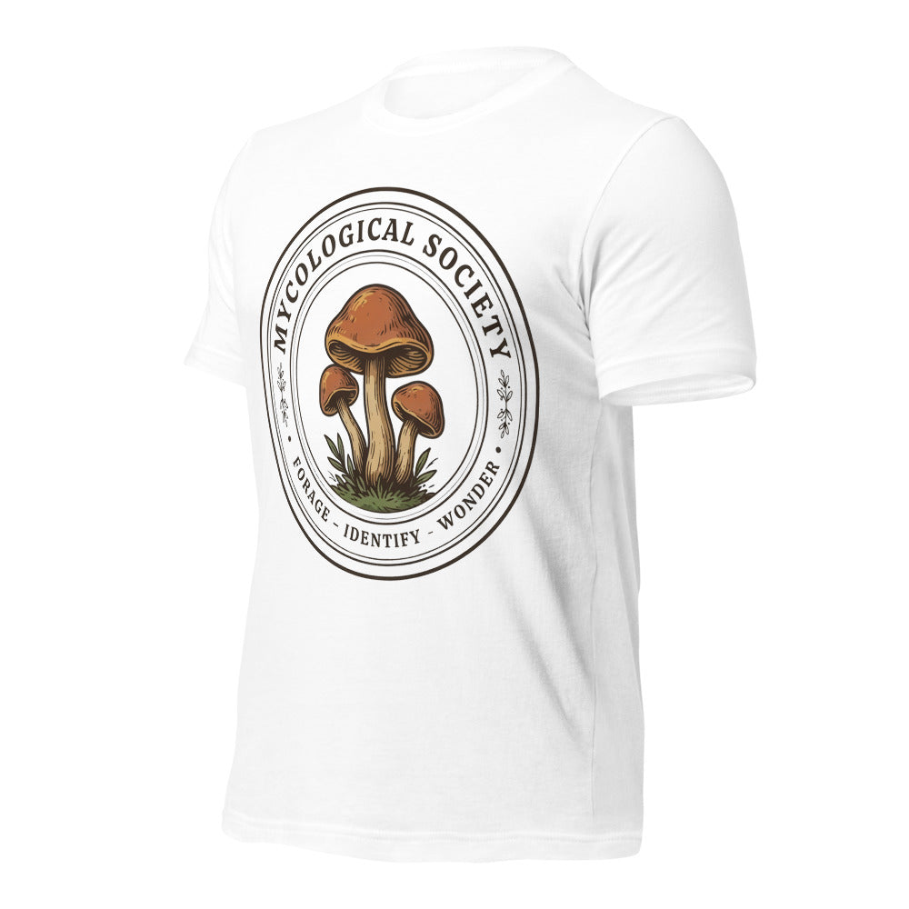 Mushroom Foraging Mycological Society vintage botanical tee — White, front-right