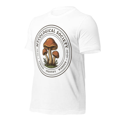 Mushroom Foraging Mycological Society vintage botanical tee — White, front-right