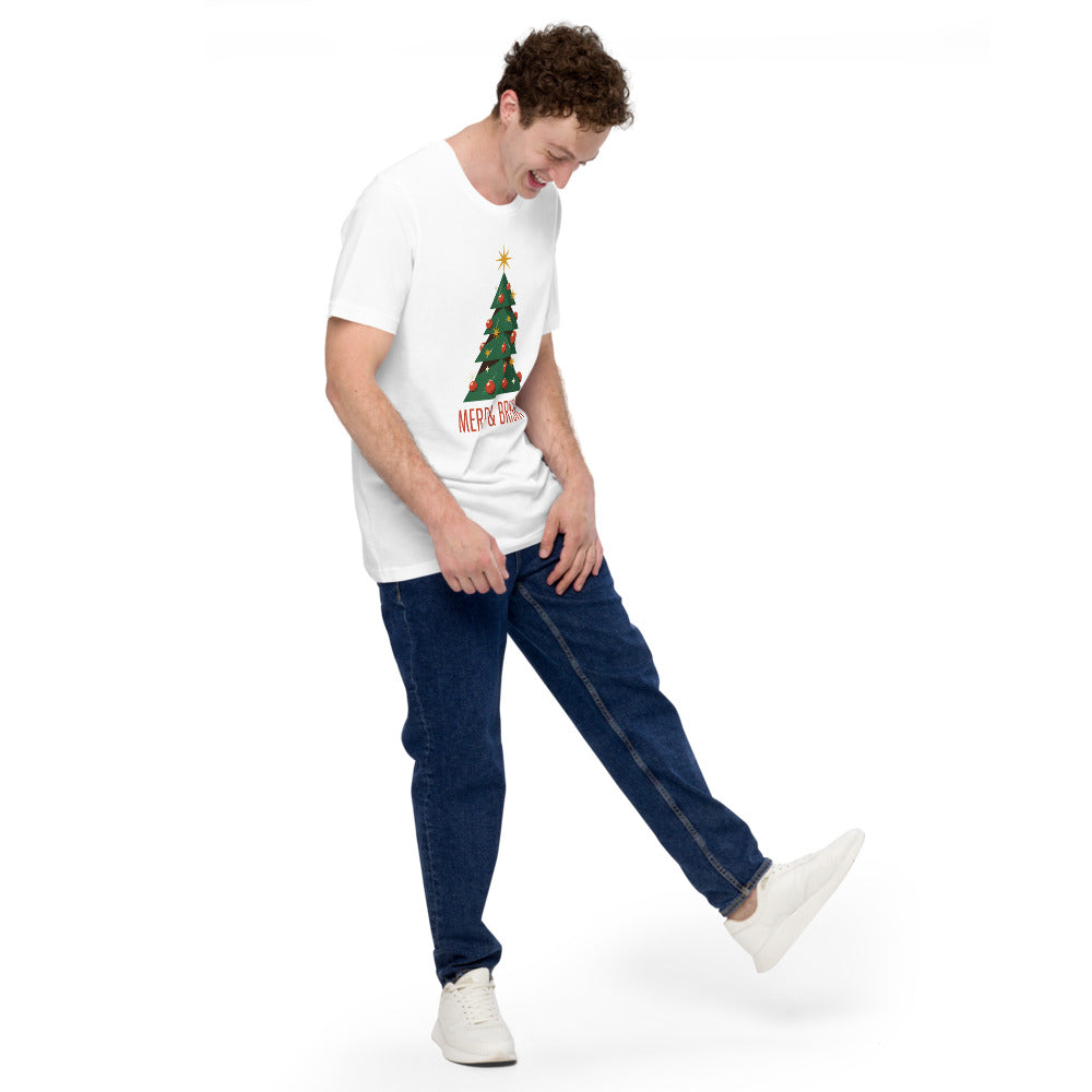 Atomic mid-century retro Christmas tree tee — White, on model