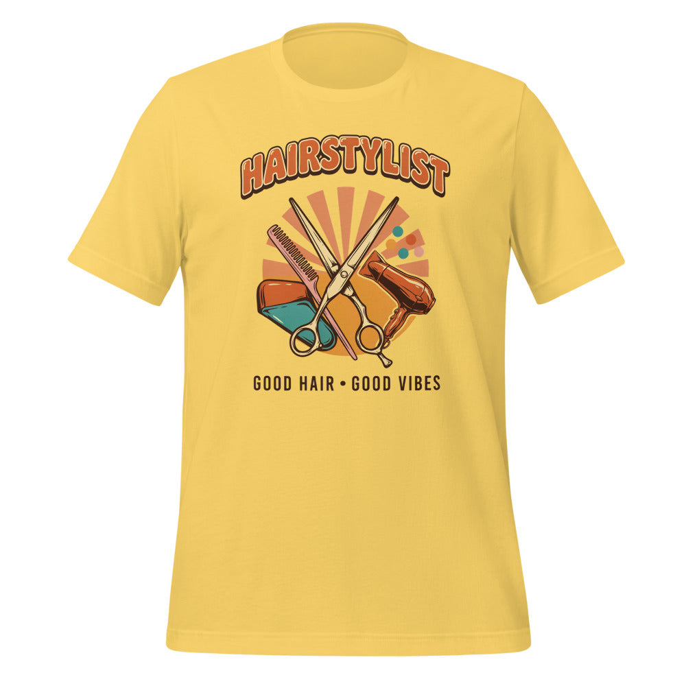 Retro Salon Hairstylist good hair good vibes tee — Yellow, front