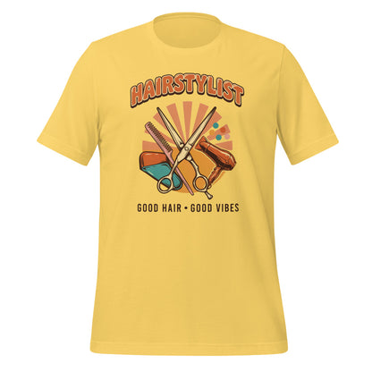Retro Salon Hairstylist good hair good vibes tee — Yellow, front