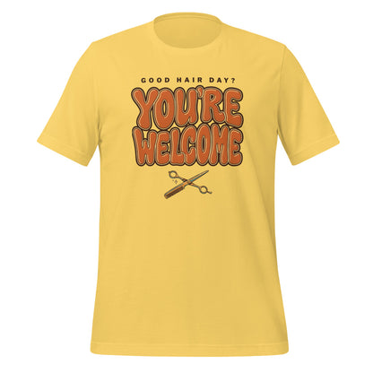Funny hairstylist Good Hair Day You're Welcome tee — Yellow, front