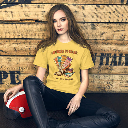 Salon colorist Licensed to Color retro tee — Yellow, on model