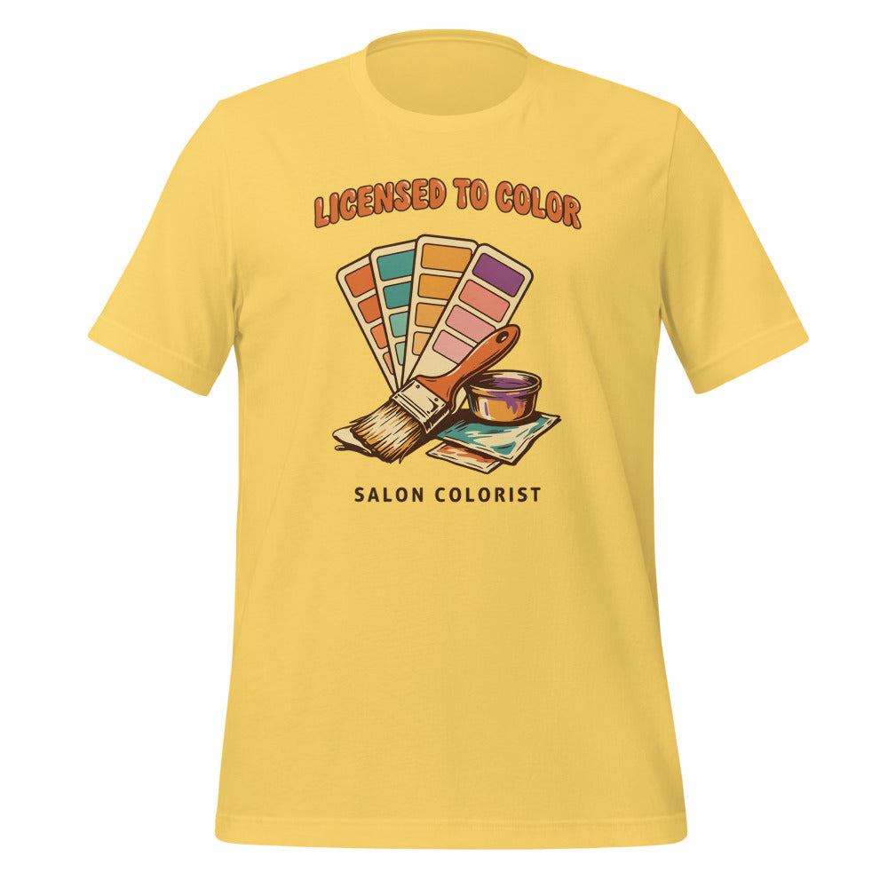 Salon colorist Licensed to Color retro tee — Yellow, front