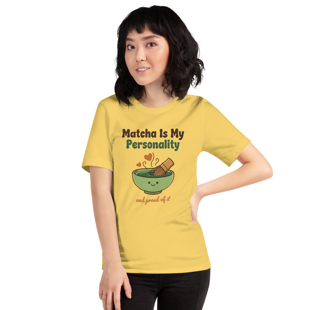 Matcha Is My Personality retro matcha tee — Yellow, on model