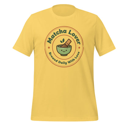 Matcha Lover retro café badge tee — Yellow, front