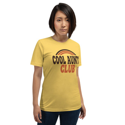 Cool Aunts Club retro groovy aunt tee — Yellow, on model