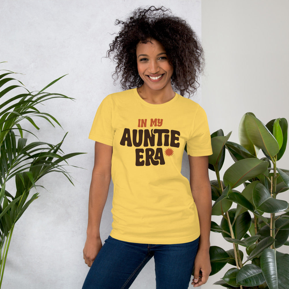 In My Auntie Era retro groovy aunt tee — Yellow, on model