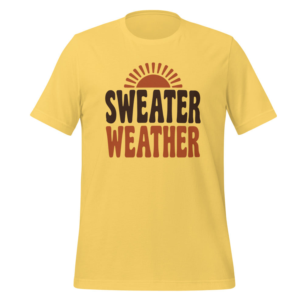 Sweater Weather retro 70s fall t-shirt — Yellow, front