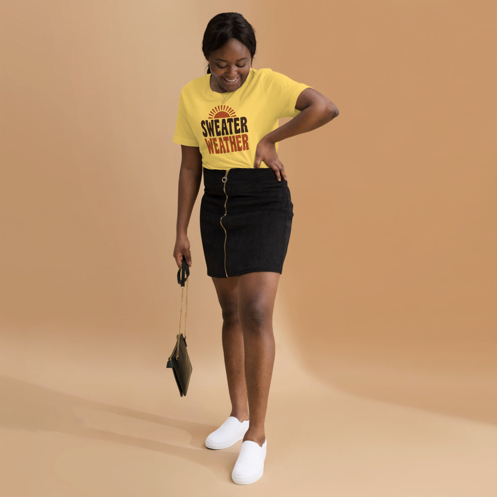 Sweater Weather retro 70s fall t-shirt — Yellow, on model
